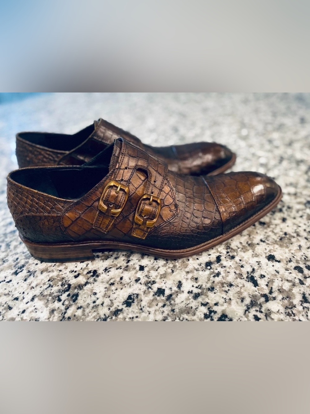 Brown Croc-Embossed Double Monk Strap Dress Shoes